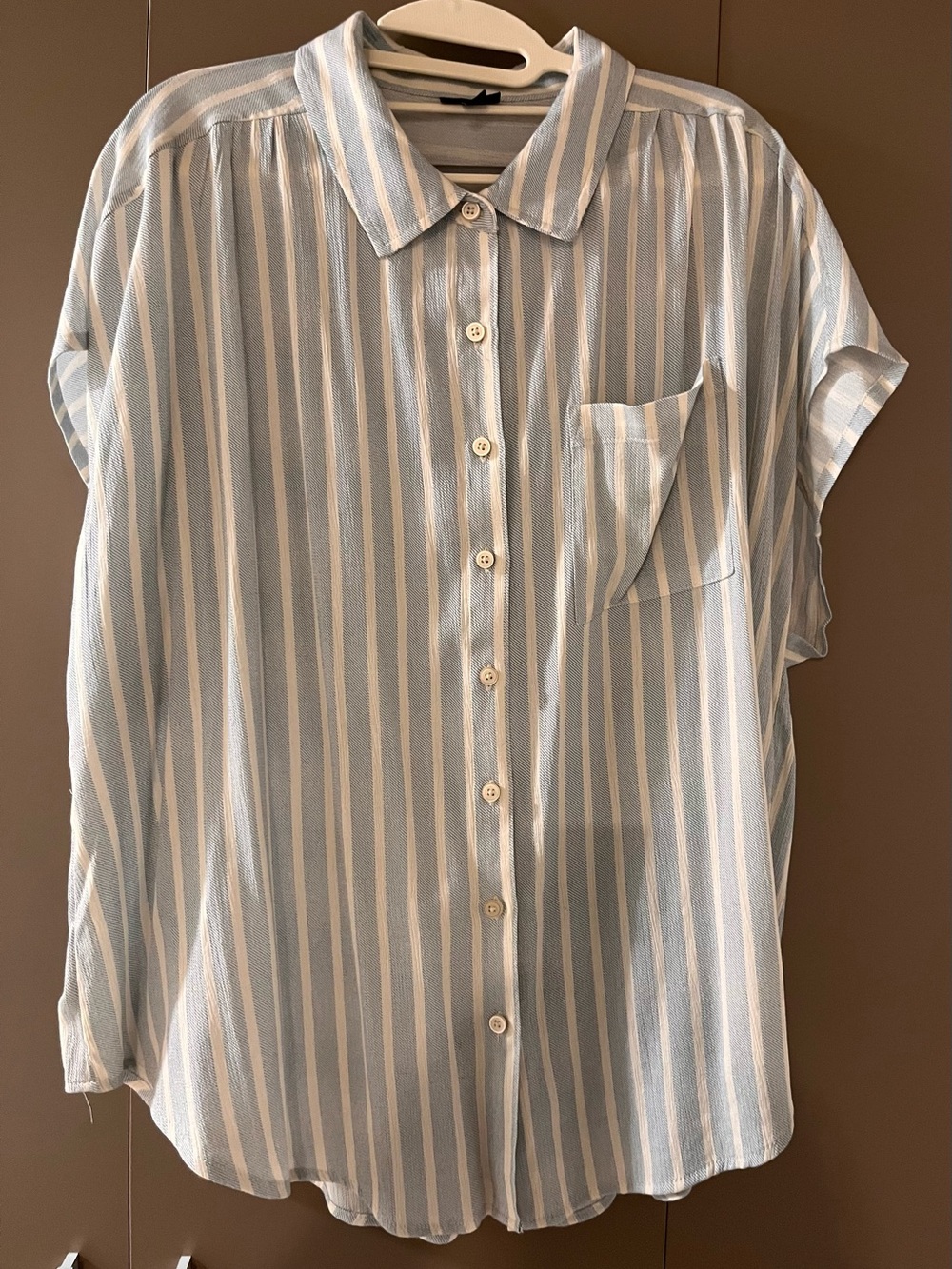 Torrid Button Up Dolman Light Blue and Cream Striped Short